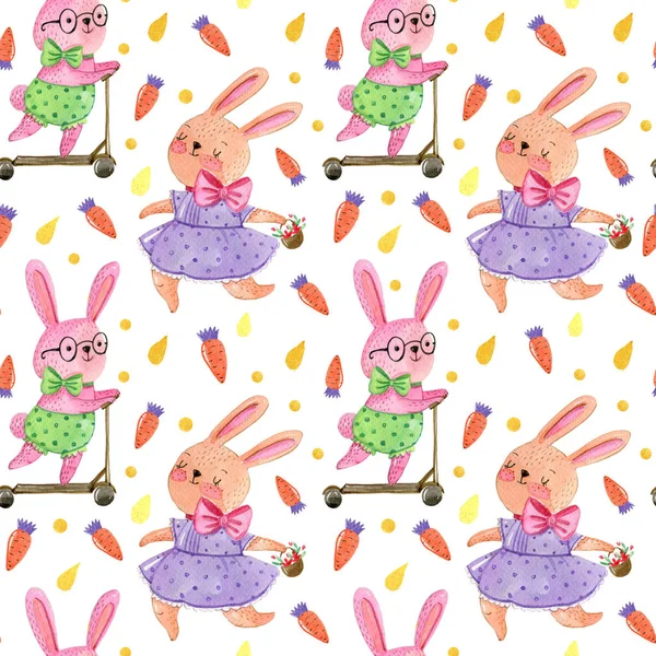 Watercolor hand drawing pattern with cute rabbits, boy drive a scooter, girl run with a basket, on white background with carrots and gold drops. Easter pattern.