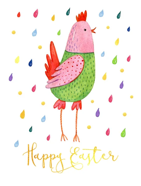 Funny cartoon pink and green chicken on white background with colorful drops around. Cute watercolour illustration with easter chicken.