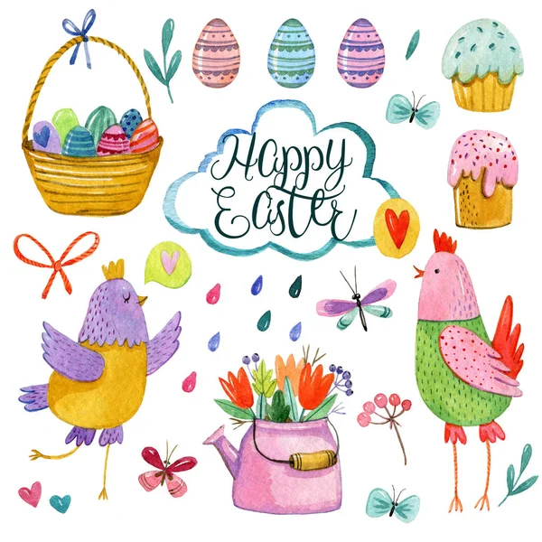 Set Collection Watercolor Easter Illustrations Elements White Background Hand Drawing — Stock Photo, Image