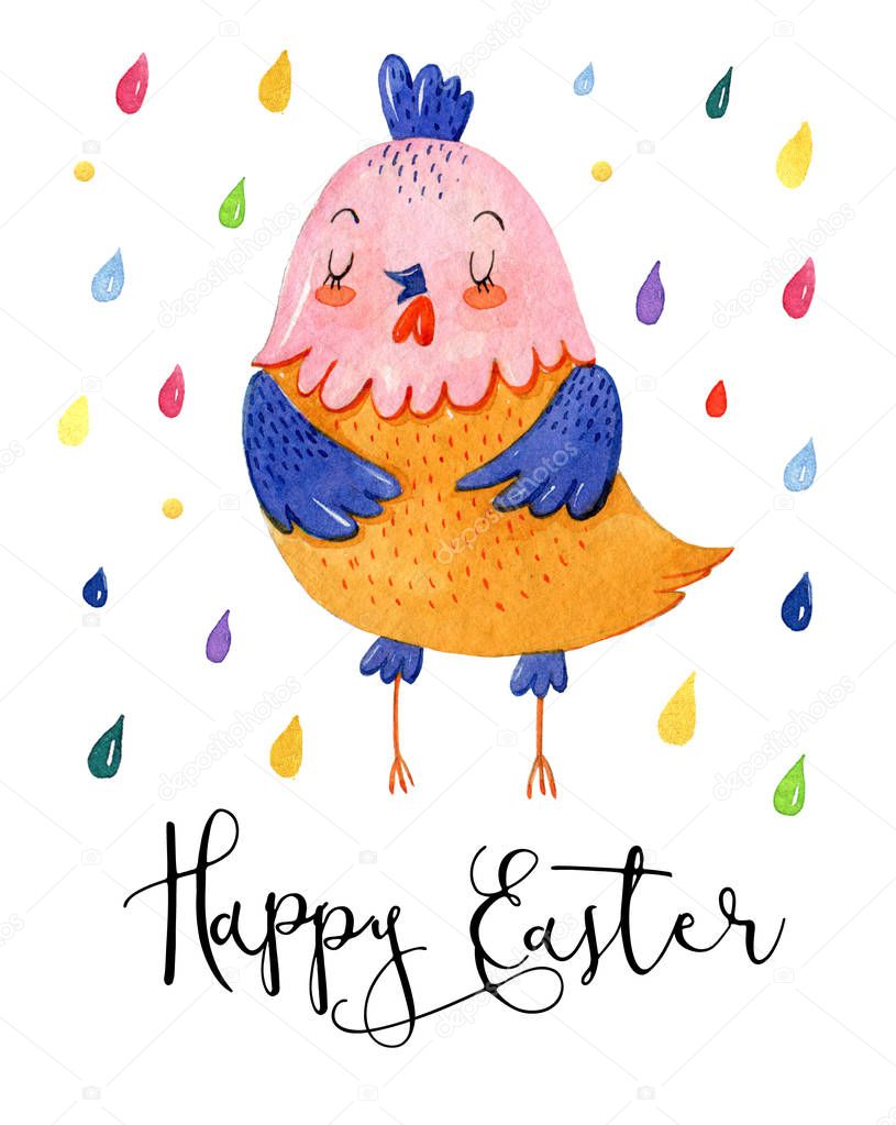 Funny cartoon pink, orange and blue chicken on white background with colorful drops around. Cute watercolour illustration with easter chicken.
