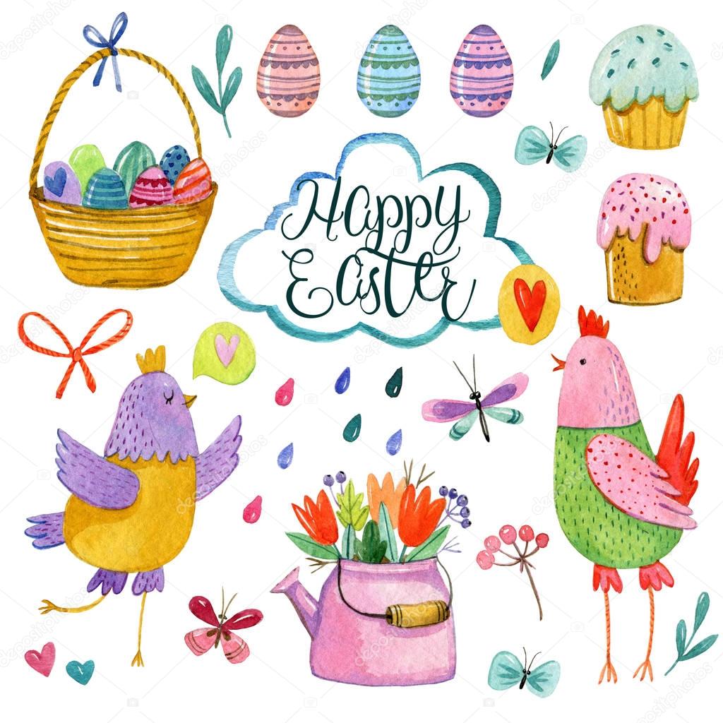 Set of a collection of watercolor Easter illustrations and elements on a white background.Hand drawing easter bread, baterflies, chickens, basket with eggs, teapot with flowers, cloud and raindrops.