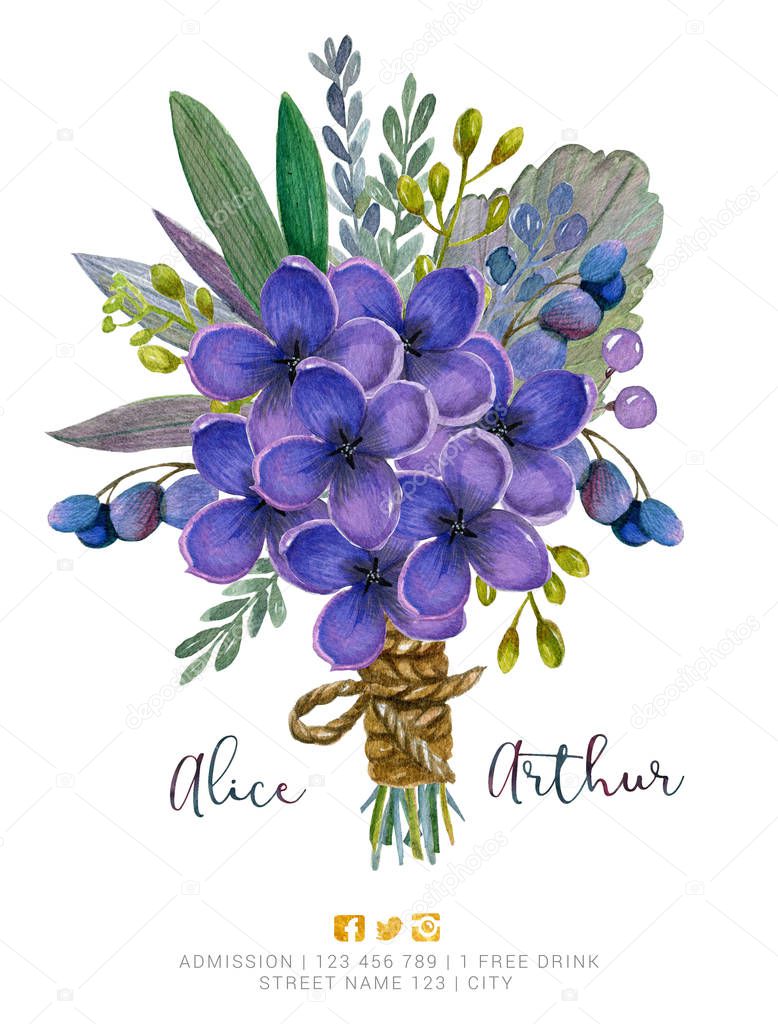 Beautiful watercolor bouquet with succulent flower, foliage, branches and bird feather. Hand painted lovely illustration.