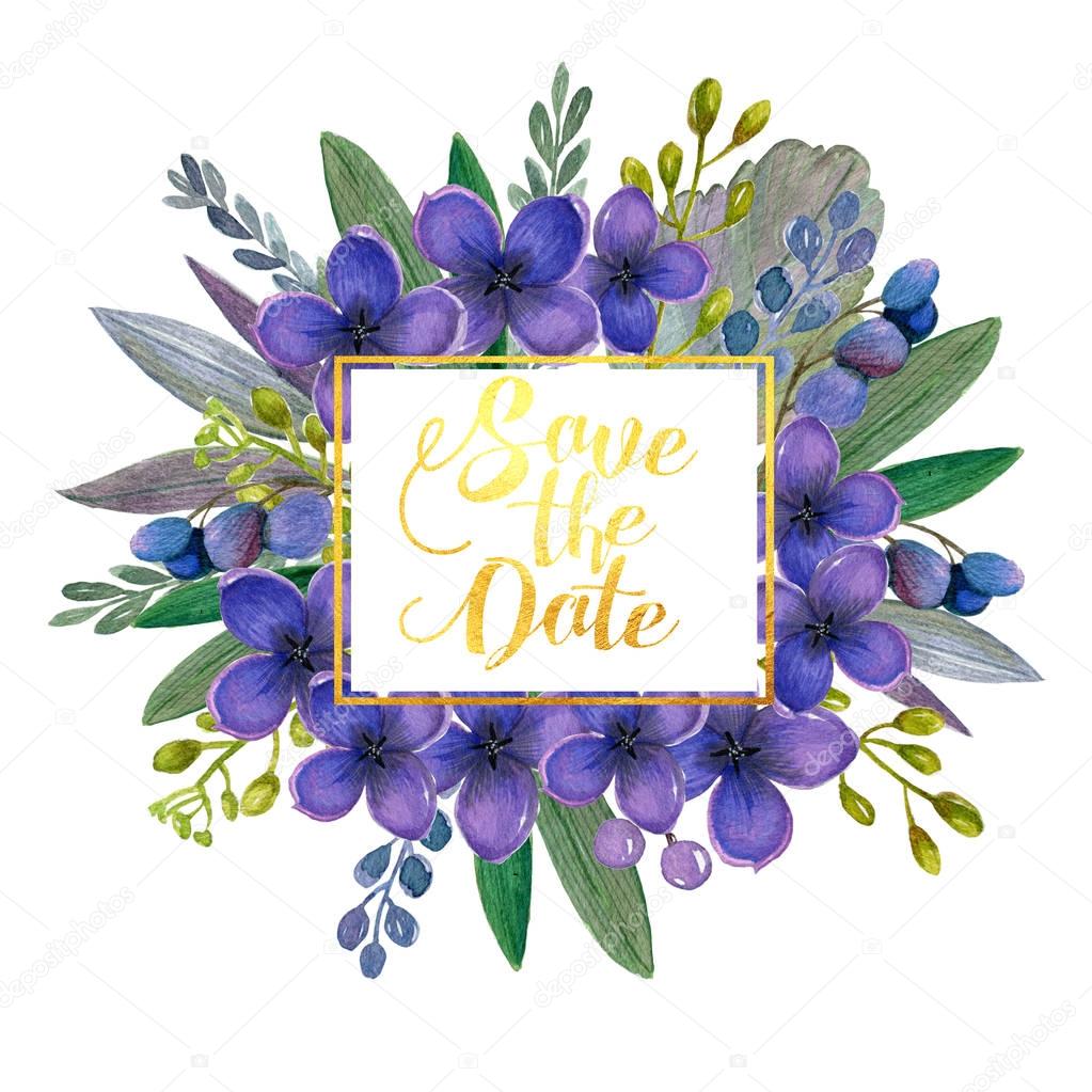 Beautiful watercolor bouquet with succulent flower, foliage, branches and bird feather. Hand painted lovely illustration.Can be used for greeting card, wedding, invitation, lettering.