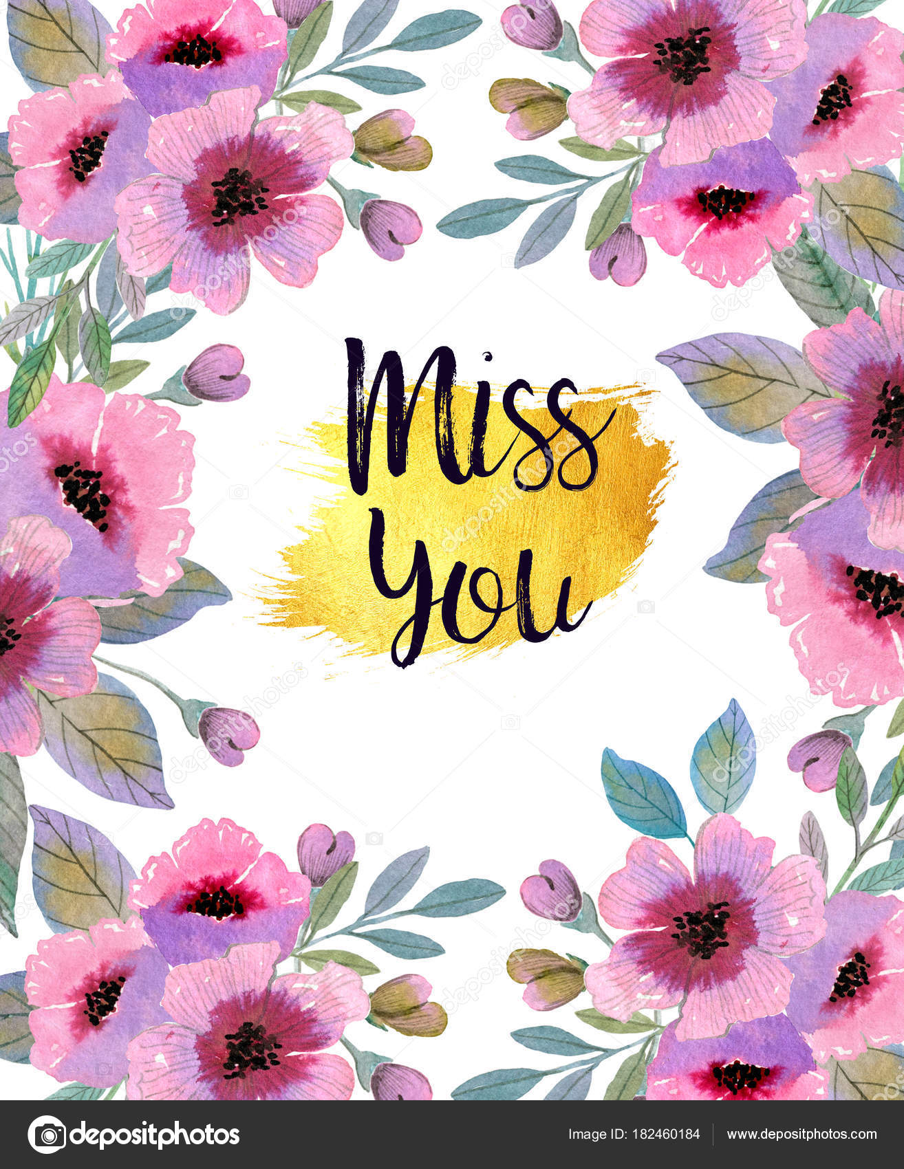Beautiful Watercolor Flower Frame Foliage Branches Gold Beautiful Watercolor Flower Frame With Foliage Branches And Gold Background Miss You Hand Painted