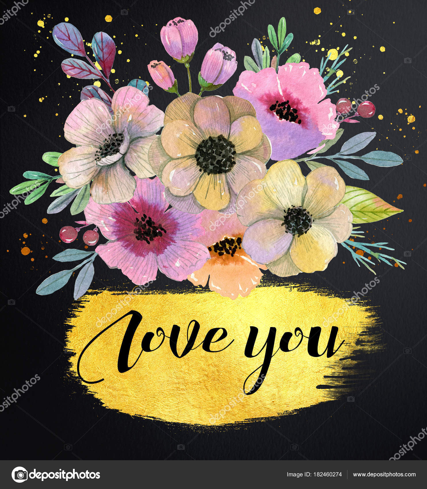 Download Beautiful Watercolor Bouquet Flower Foliage Branches Black Background Gold Love Stock Photo Image By C Yanafefelova 182460274