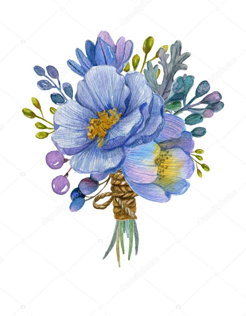 Beautiful watercolor bouquet with succulent flower, foliage, branches and bird feather. Hand painted lovely illustration.Can be used for greeting card, wedding, invitation, lettering.