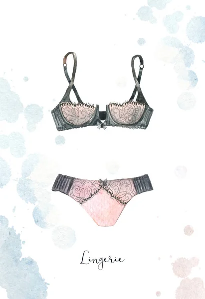 Watercolor Fashion Illustration Sexy Lady Underwear Lace Bra Panty — Stock Photo, Image