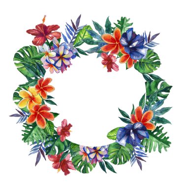 Elle çizilmiş tropikal suluboya yuvarlak çerçeve parlak hibiscus çiçek ve egzotik palmiye, muz beyaz zemin üzerine bırakır..