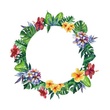 Elle çizilmiş tropikal suluboya çelenk çerçeve parlak hibiscus çiçek ve egzotik palmiye, muz beyaz zemin üzerine bırakır. Senin metin için yer.