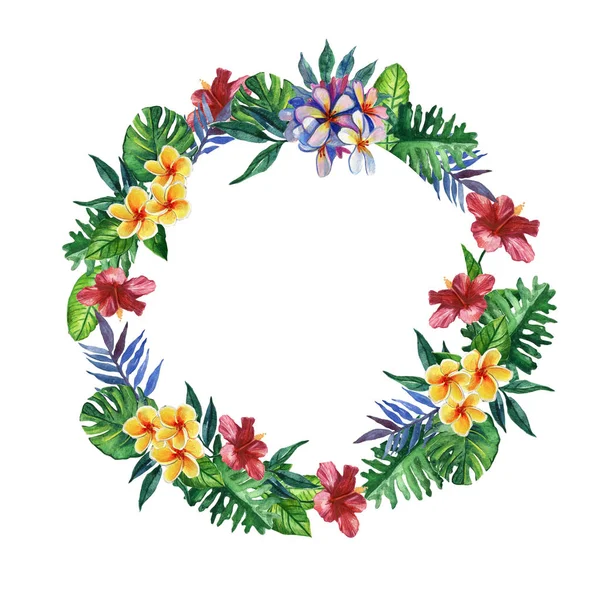 Nosze Ciągnione Tropikalny Akwarela Wieniec Jasny Kwiat Hibiskusa Egzotycznymi Palmami — Zdjęcie stockowe