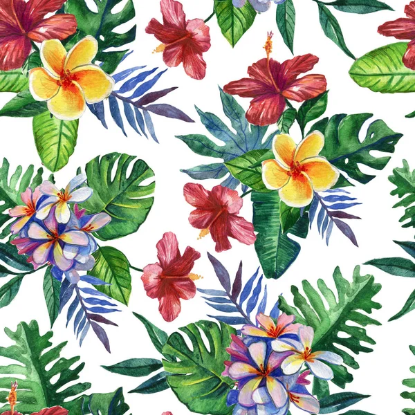 Seamless Hand Drawn Tropical Watercolor Pattern Bright Hibiscus Flowers Exotic — Stock Photo, Image