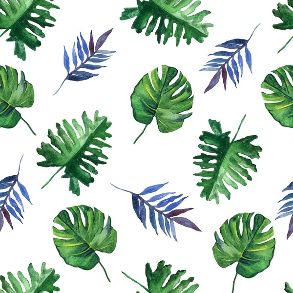 Seamless Hand Drawn Tropical Watercolor Pattern Exotic Palm Leaves White — Stock Photo, Image