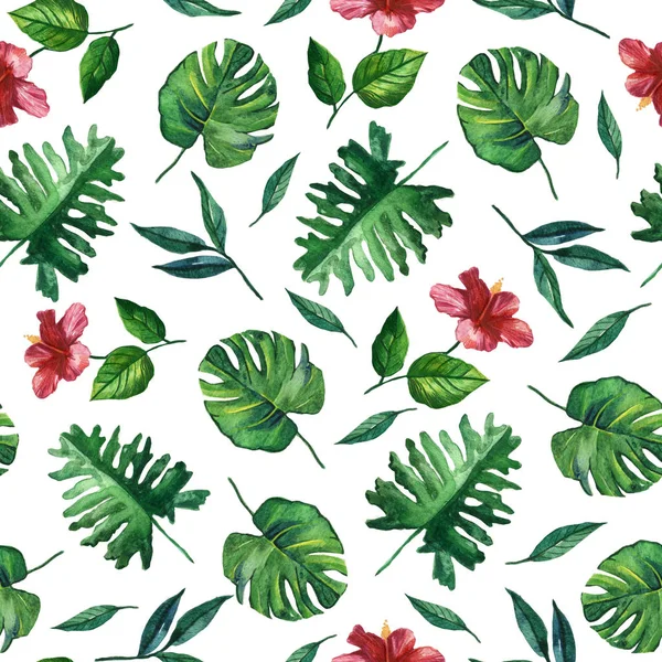 Seamless Hand Drawn Tropical Watercolor Pattern Flowers Exotic Palm Leaves — Stock Photo, Image