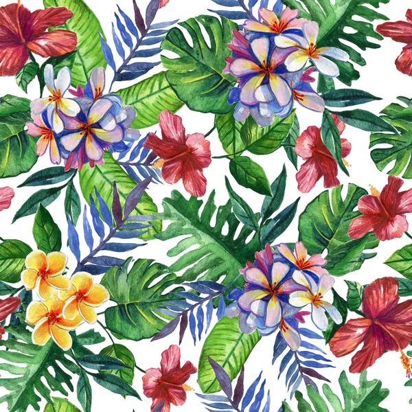 Sømløse Håndtegnede Tropiske Akvarellmønstre Med Lyse Hibiskusblomster Eksotiske Palmeblader Hvit – stockfoto