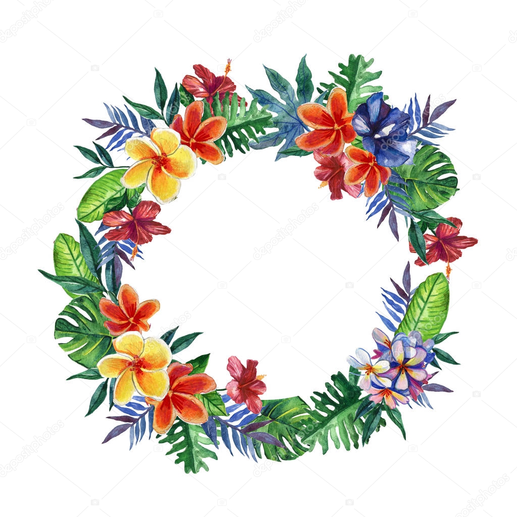 Hand drawn tropical watercolor wreath frame with bright hibiscus flowers and exotic palm, banana leaves on white background.