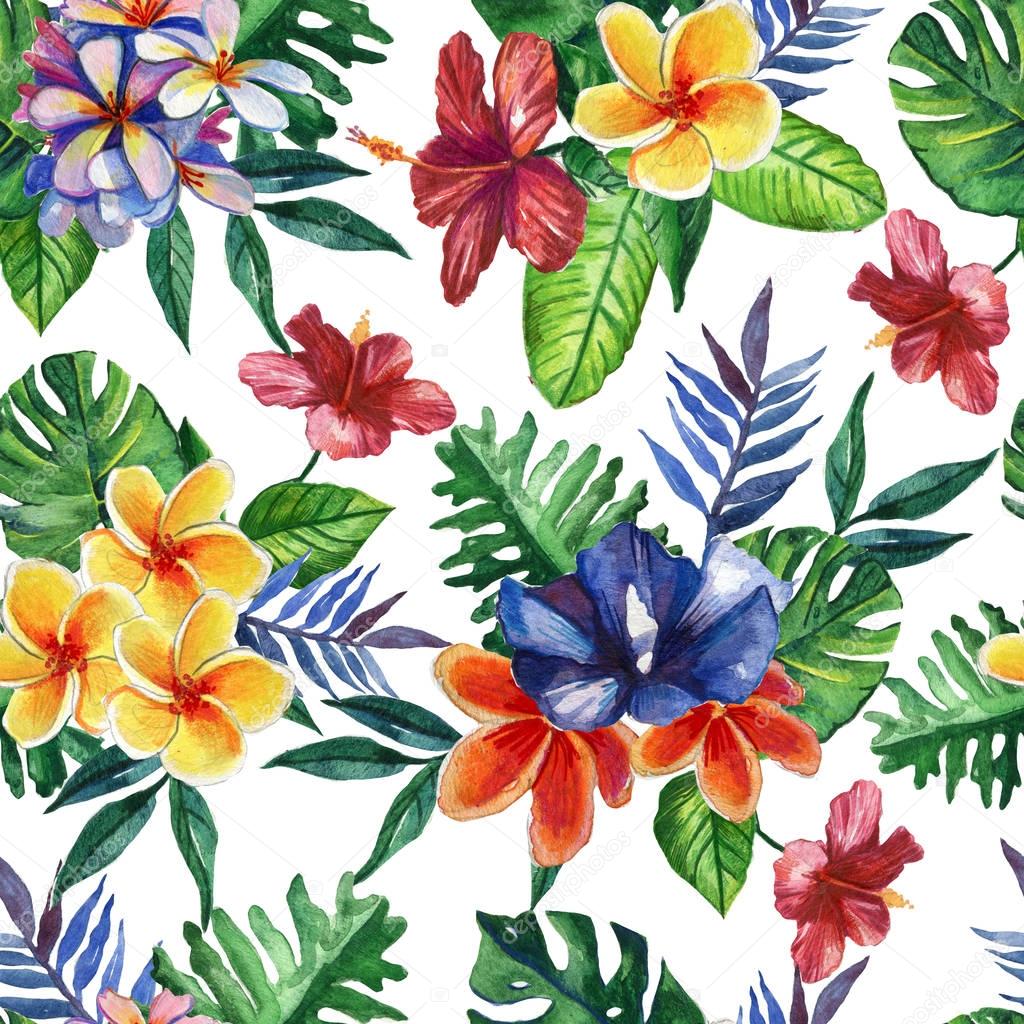 Beautiful seamless watercolor floral summer pattern background with tropical flowers, palmand banana  leaves on white backgrou. Perfect for wallpapers, web page backgrounds, textures, textile.