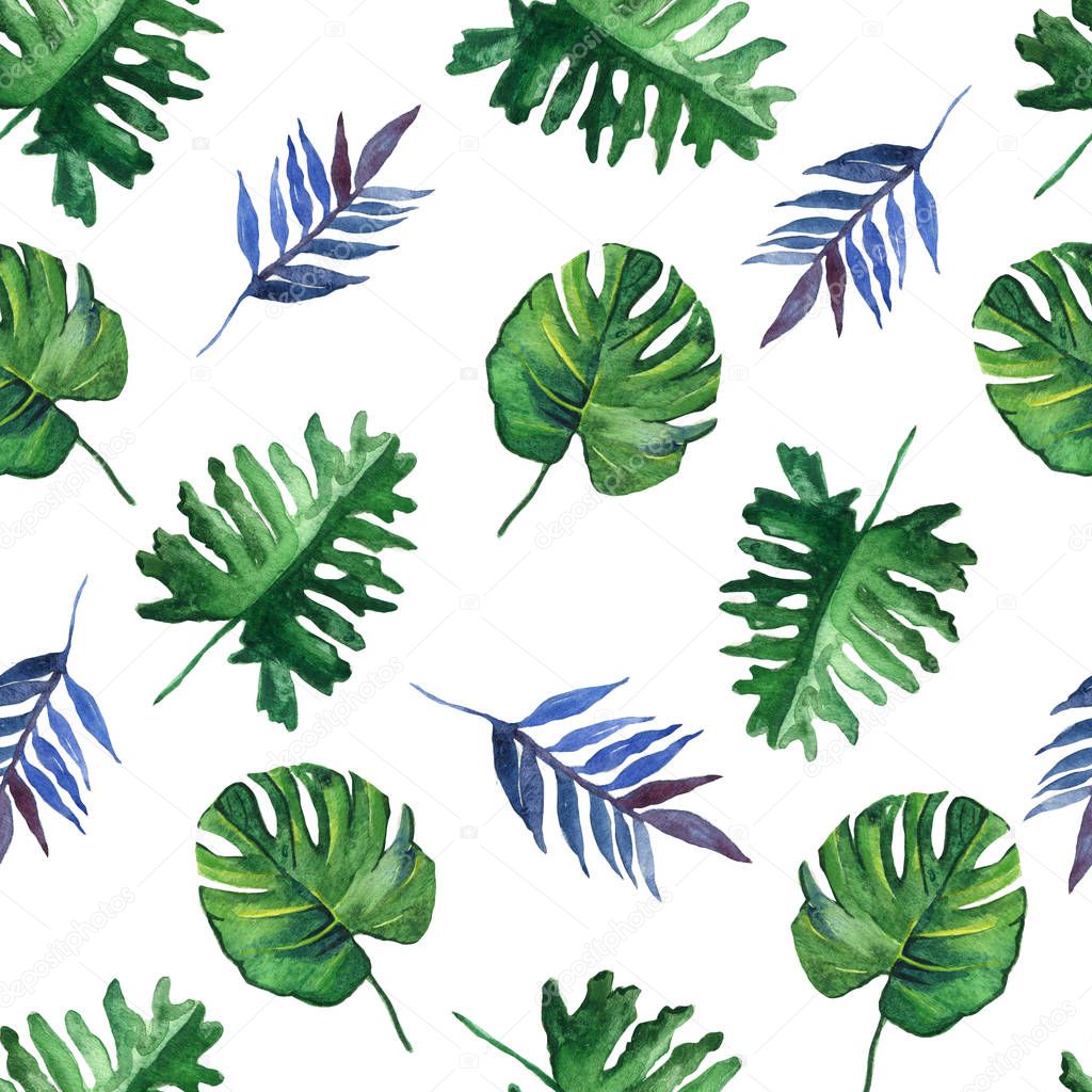 Seamless hand drawn tropical watercolor pattern with exotic palm leaves on white background.