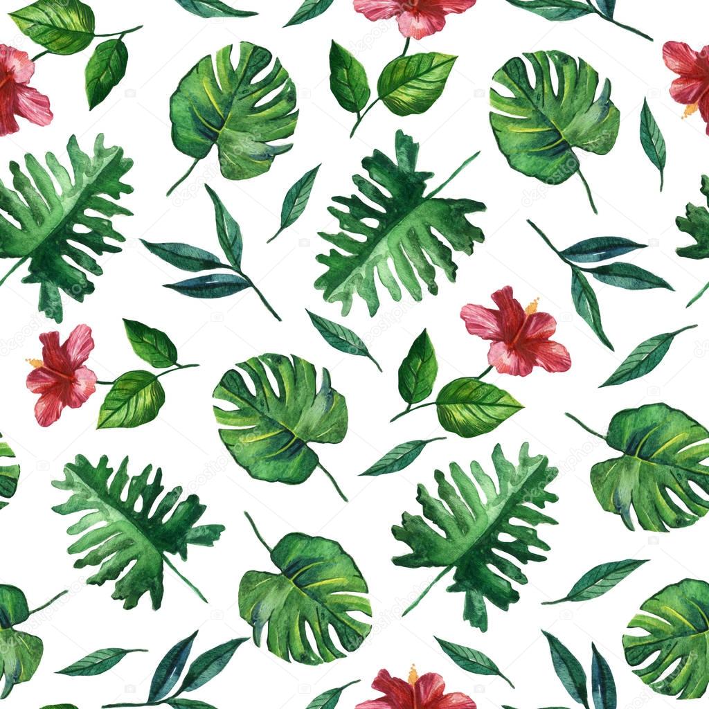 Seamless hand drawn tropical watercolor pattern with flowers and exotic palm leaves on white background.