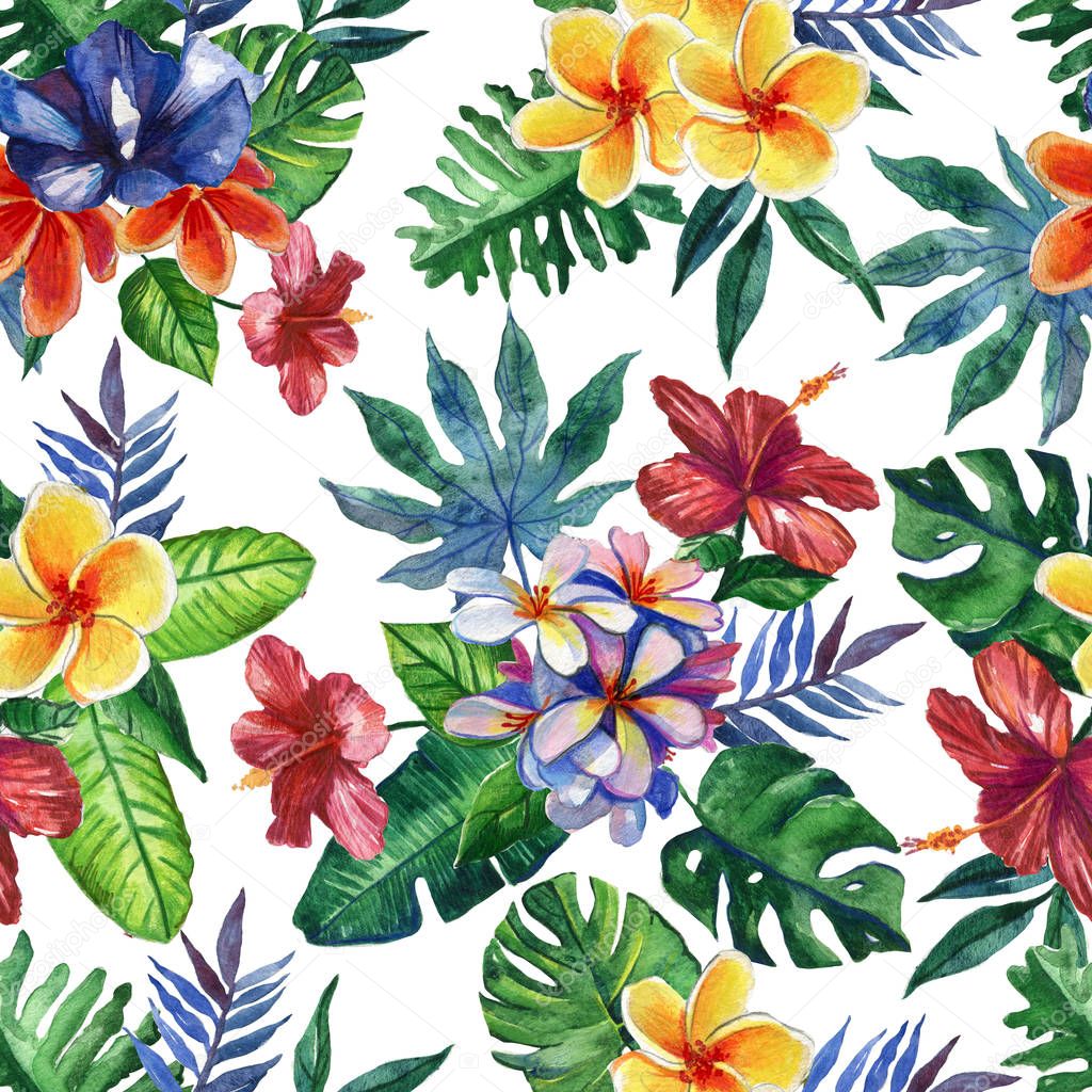 Watercolor seamless pattern. Summer tropical plants and flowers. Bright and colorful background.