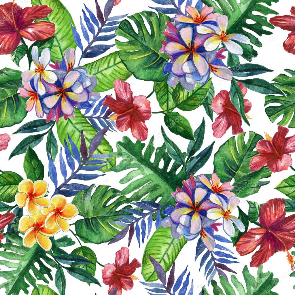 Seamless hand drawn tropical watercolor pattern with bright hibiscus flowers and exotic palm leaves on white background.