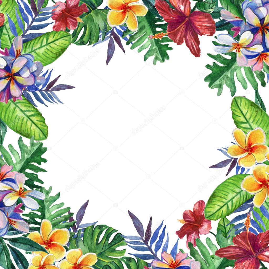 Hand drawn tropical watercolor round frame with bright hibiscus flowers and exotic palm, banana leaves on white background. Space for your text.