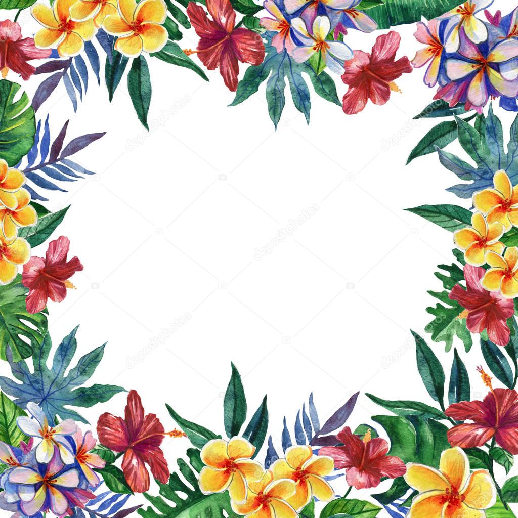 Hand drawn tropical watercolor round frame with bright hibiscus flowers and exotic palm, banana leaves on white background. Space for your text. Square format.