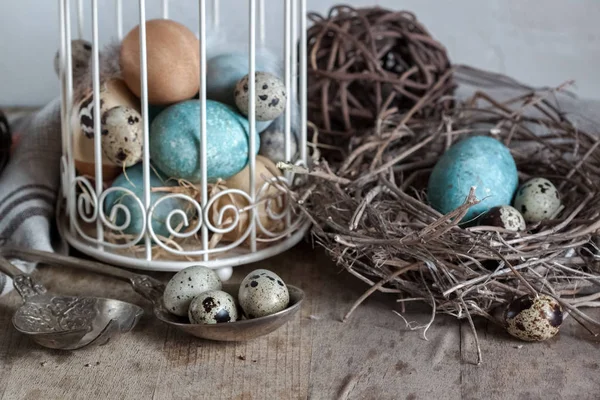 Painted Quail Eggs Decorative Cage Nest Old Wooden Table — Stock Photo, Image