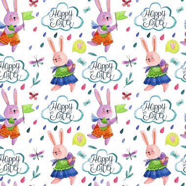 Suluboya el ile şirin kız ve erkek tavşan desen çizimi ne kelebek ve çiçek beyaz zemin üzerine bir yumurta ile çalıştırın. Paskalya desen.