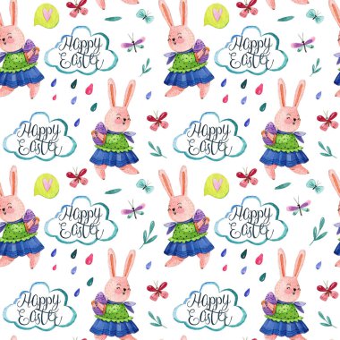 Sevimli kız tavşan suluboya el çizim desenle ne kelebek ve çiçek beyaz zemin üzerine bir yumurta ile çalıştırın. Paskalya desen.