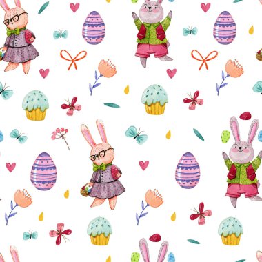 Suluboya el kelebekler, yumurta, Paskalya kek ve damla beyaz zemin üzerine ile şirin kız ve erkek adatavşanı, desen çizimi. Paskalya desen.