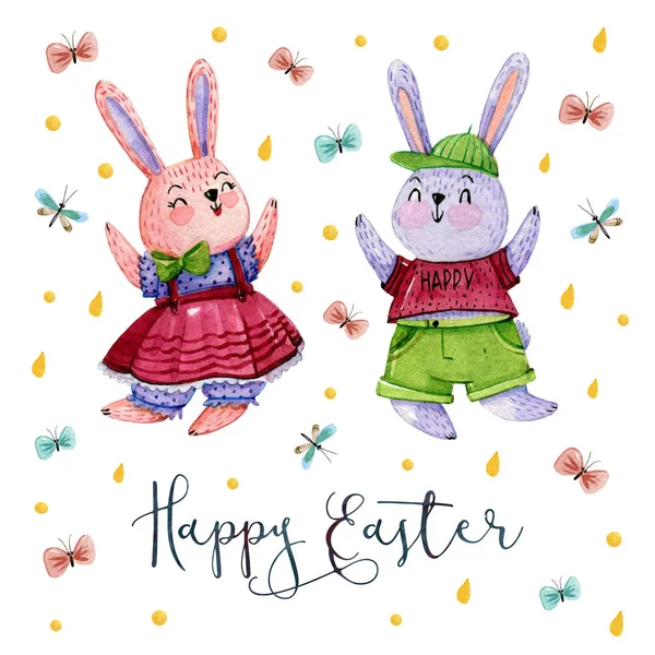 Tarjeta Pascua Acuarela Mano Dibujo Postal Con Par Conejos Easter — Foto de Stock