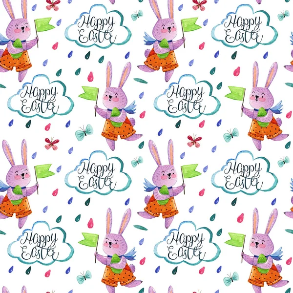 Watercolor hand drawing pattern with cute boy rabbits what run with a flag, on white background with butterflies, clouds and drops. Easter pattern.