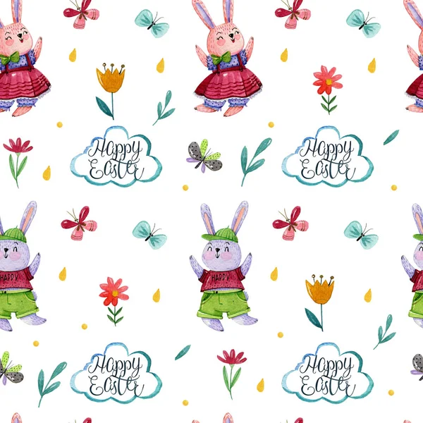 Watercolor hand drawing pattern with cute boy and girl rabbits, on white background with butterflies, eggs, easter cake and drops. Easter pattern.