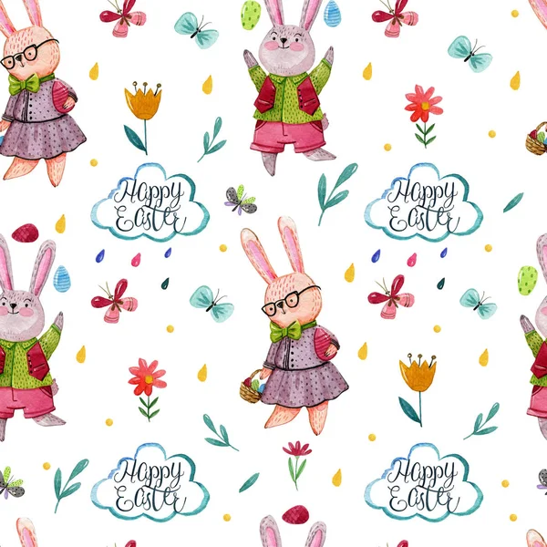 Watercolor Hand Drawing Pattern Cute Boy Girl Rabbits White Background — Stock Photo, Image