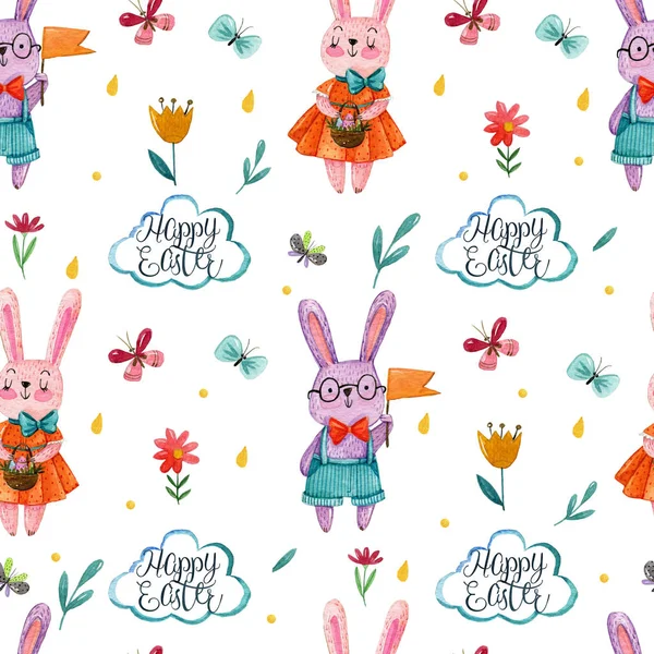 Watercolor hand drawing pattern with cute boy and girl rabbits, on white background with butterflies, eggs, easter cake and drops. Easter pattern.