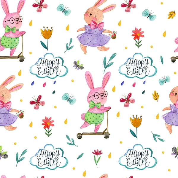 Watercolor Hand Drawing Pattern Cute Boy Girl Rabbits White Background — Stock Photo, Image
