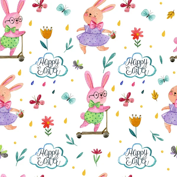 Watercolor hand drawing pattern with cute boy and girl rabbits, on white background with butterflies, eggs, easter cake and drops. Easter pattern.