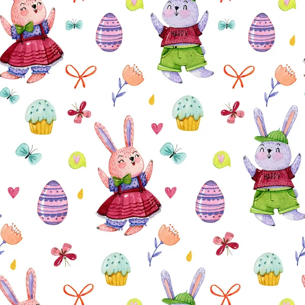 Watercolor hand drawing pattern with cute boy and girl rabbits, on white background with butterflies, eggs, easter cake and drops. Easter pattern.