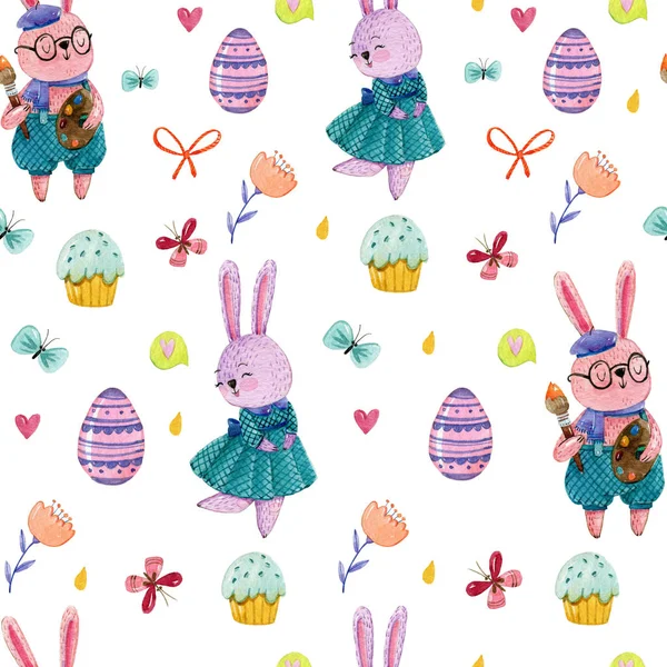 Watercolor hand drawing pattern with cute boy and girl rabbits, on white background with butterflies, eggs, easter cake and drops. Easter pattern.