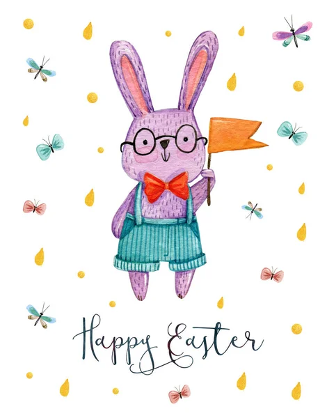 Easter Card Watercolor Hand Drawing Postcard Rabbit Boy What Stay — Stock Photo, Image