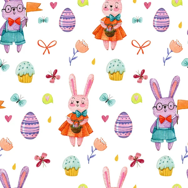 Watercolor hand drawing pattern with cute boy and girl rabbits, on white background with butterflies, eggs, easter cake and drops. Easter pattern.