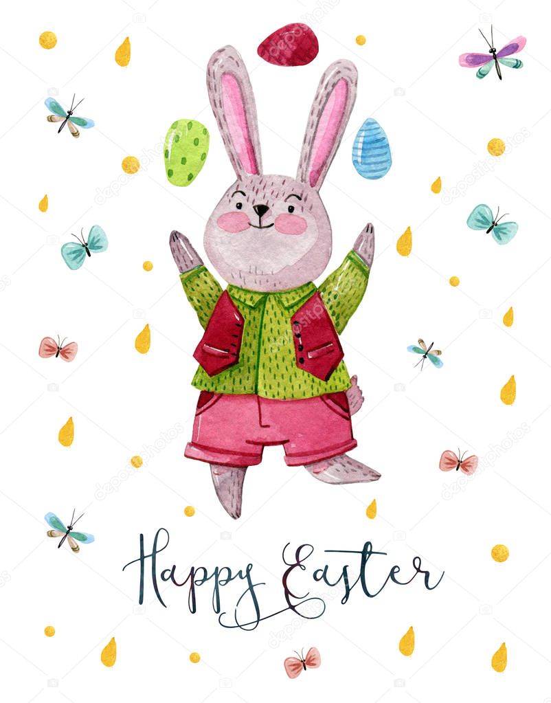 Easter card. Watercolor hand drawing postcard with rabbit boy what juggle eggs, on white background with butterflies and gold drops.