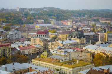 Lviv yüksekliği, panoramik fotoğraf, tilt-shift.