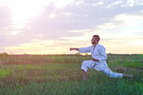 A sports man is training martial arts karate at sunset, a beauti