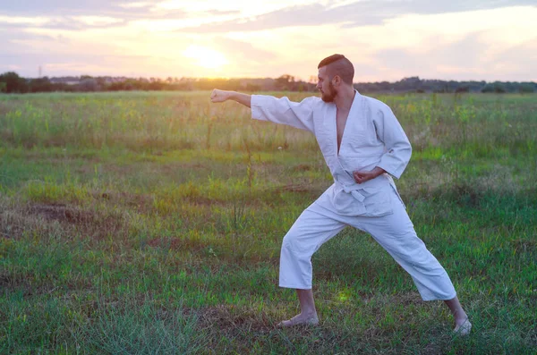 A man in a kimono trains karate in nature, a beautiful sunset an — Stock Photo, Image