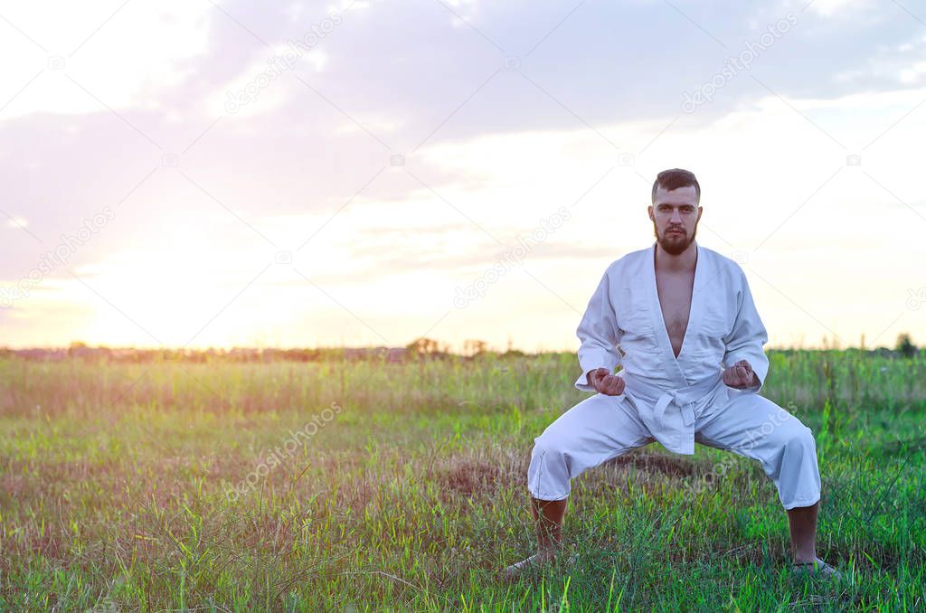 A slender man is engaged in karate at sunset, free space for you