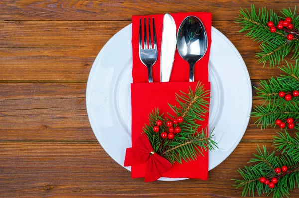 Christmas arrangement on a wooden table top view. — Stock Photo, Image