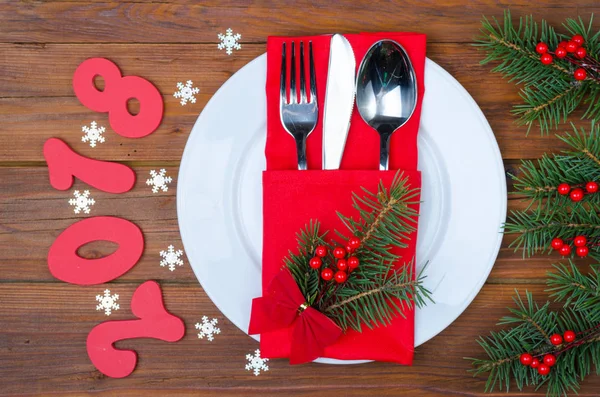 Christmas arrangement on a wooden table top view. — Stock Photo, Image