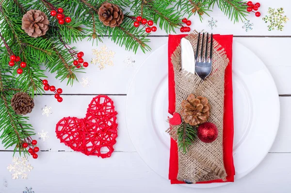 Christmas arrangement on a wooden table top view. — Stock Photo, Image