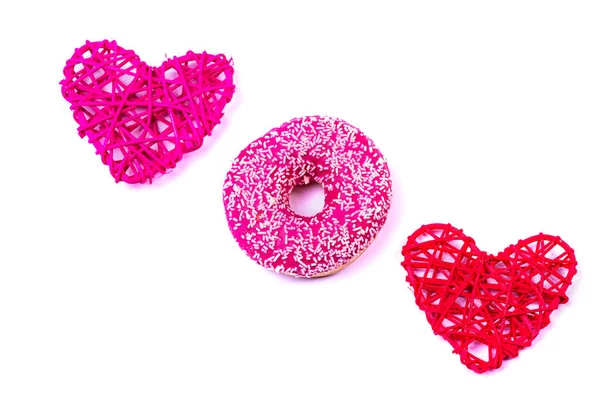 Donut and hearts isolated on a white background. — Stock Photo, Image